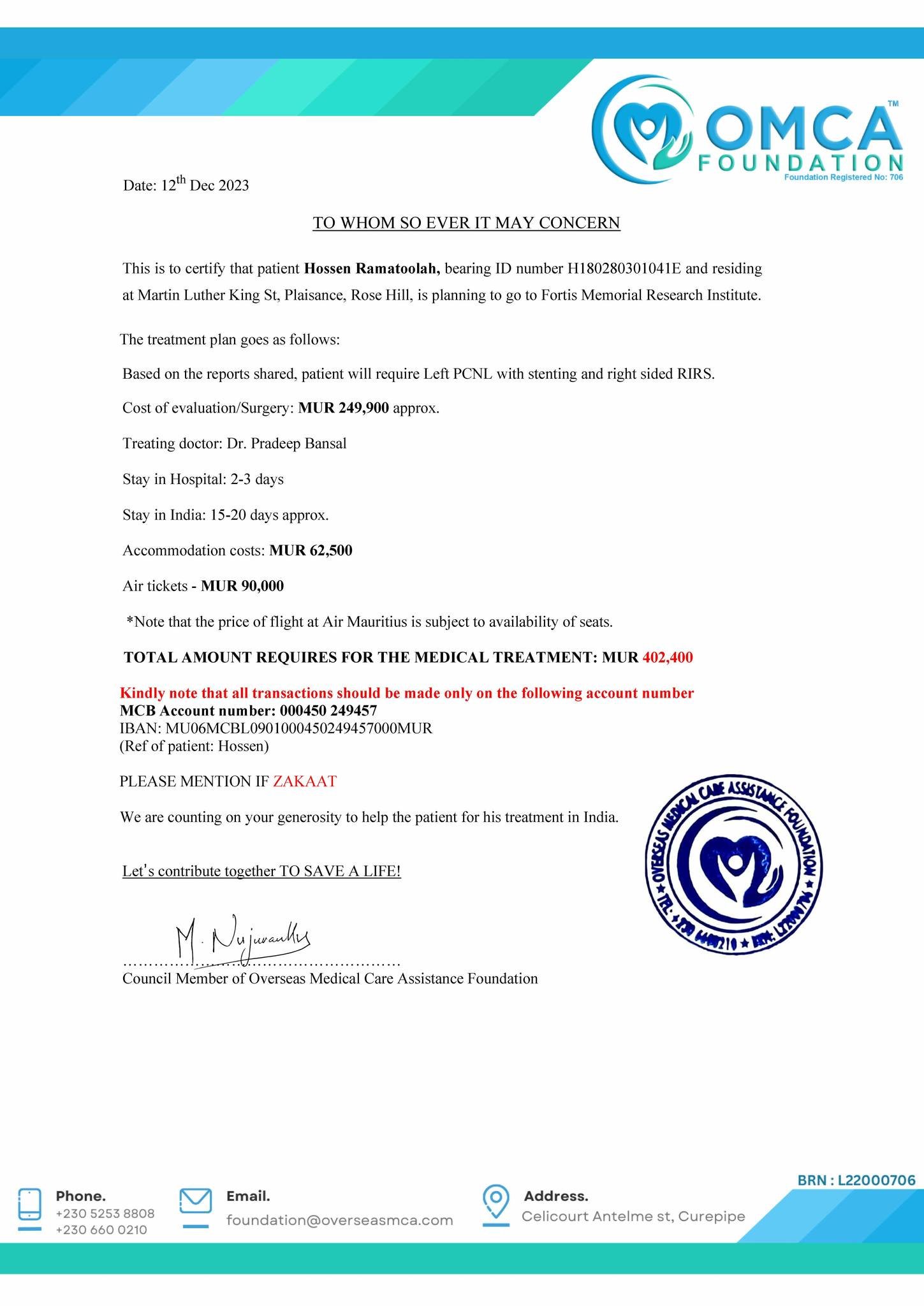 help save hossen’s life – urgent treatment for multiple renal calculi
