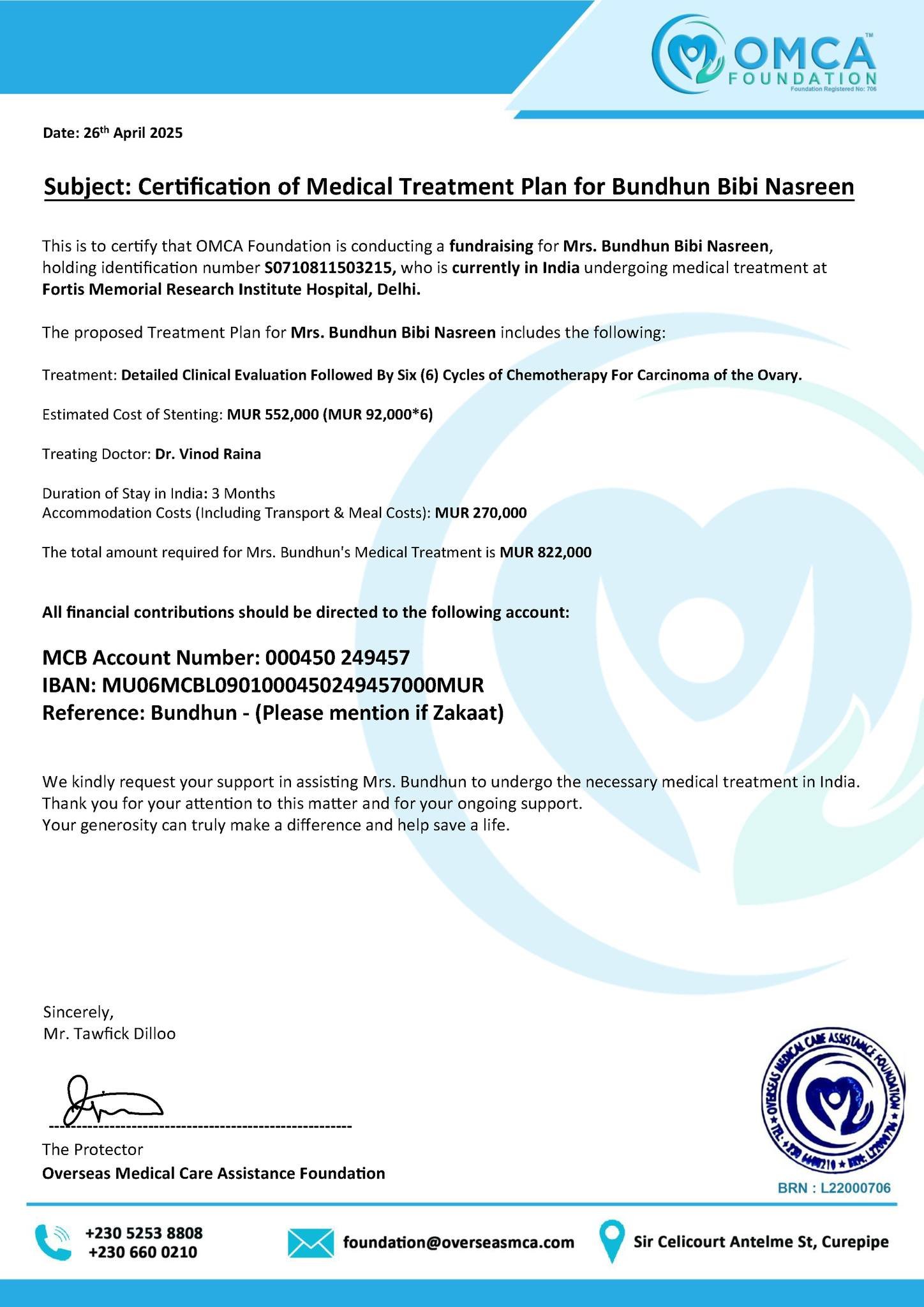 help save nasreen’s life – urgent chemotherapy treatment for ovarian cancer