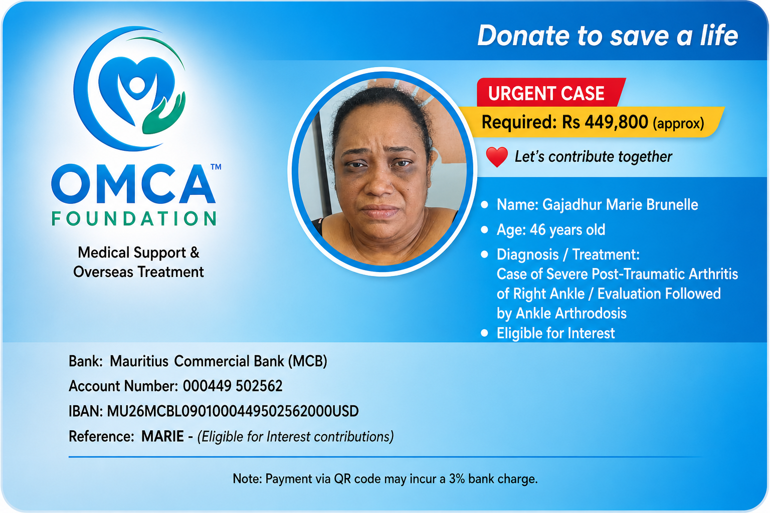 help save marie’s life – urgent ankle surgery needed
